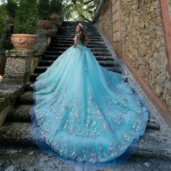 Shiny Aqua Blue Quinceanera Dress Ball Gown Colorful 3D Flowers Applique Beaded Corset Sweet 16 Vestido De 15 Anos