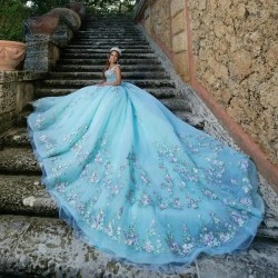 Shiny Aqua Blue Quinceanera Dress Ball Gown Colorful 3D Flowers Applique Beaded Corset Sweet 16 Vestido De 15 Anos