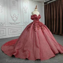 Off The Shoulder Red Quinceanera Dresses Ball Gown Colorful Appliques Lace Beads Crystal Corset Vestidos Para XV