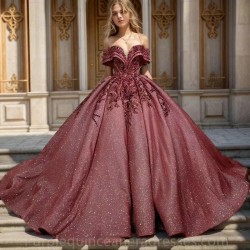 Off The Shoulder Red Quinceanera Dresses Ball Gown Colorful Appliques Lace Beads Crystal Corset Vestidos Para XV