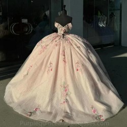 Gorgeous Colorful Floral Appliques Lace Ball Gown Quincenara Dress Off The Shoulder Illusion Corset Sweet 15 Vestidos De XV Anos