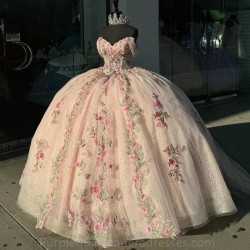 Gorgeous Colorful Floral Appliques Lace Ball Gown Quincenara Dress Off The Shoulder Illusion Corset Sweet 15 Vestidos De XV Anos